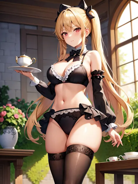 Envision an anime girl with honey-blonde hair styled in intricate Victorian curls, embodying the grace of Victorian-era Lolita fashion. Her bikini, a fusion of ivory lace and burgundy satin, exudes Victorian tea party elegance. Posing in a refined garden w...