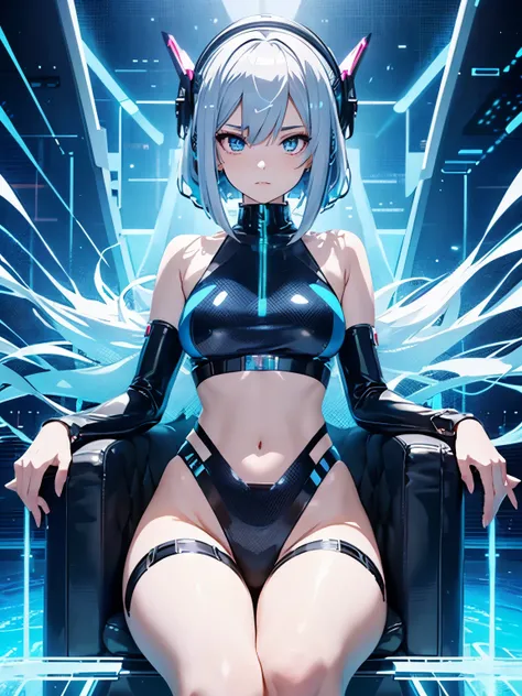 Envision an anime girl with cybernetic silver hair, styled in an asymmetrical bob with pixelated highlights. Her latex swimsuit boasts a mesmerizing mix of black and electric blue, resembling a glitchy ocean. Seated on a pixelated throne, surrounded by a s...