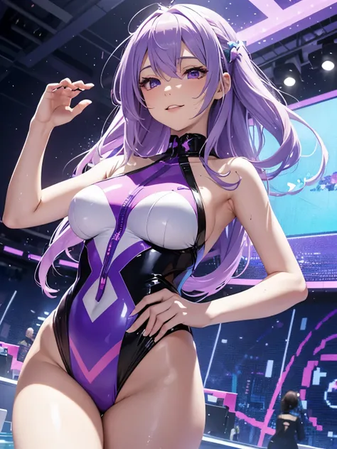 Visualize an anime girl with cascading lavender hair, featuring pixelated musical notes. Her latex swimsuit, a symphony of pastel purples and digital motifs, captures the essence of her virtual presence. Positioned on a holographic stage, surrounded by flo...