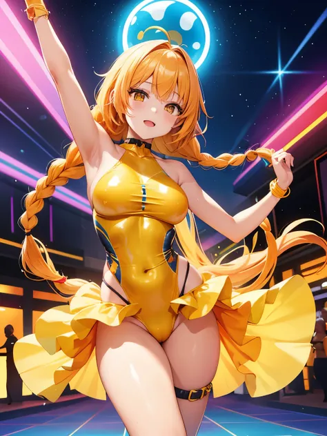 Envision an anime girl with vibrant mango-colored hair styled in intricate braids with golden accents. Her latex swimsuit captures the essence of ripe mangoes, with a gradient that transitions from deep orange to golden yellow. Positioned on a tropical dan...