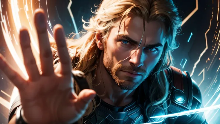 A close-up of Thor as he reaches through the portal, grasping a fragment of the time stream. Visions of alternate realities flicker before his eyes, hinting at the perilous consequences of altering history.