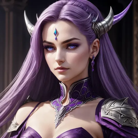 The pale purple Tiefling stand regally Her skin is smooth and pale. Her prominent short, curved horns protruding elegantly from her forehead. The horns have a subtle iridescent sheen, reflecting a soft glow.
Radiant shoulder-length purple hair falls in sle...