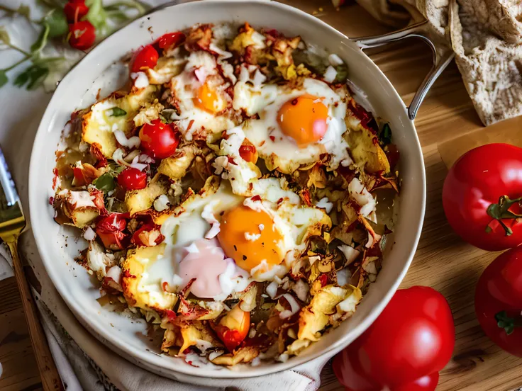 there is a pan of eggs and tomatoes on a table, eggs, chilaquiles, ratatouille style, hearty breakfast, inspired by géza dósa, r...