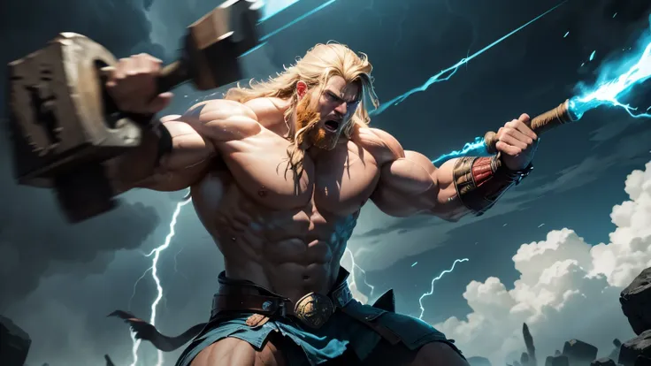 Describe the primal rage behind Thors blows, his muscles coiling like thunderclouds as he swings Mjolnir, each strike sending tremors through Olympus.