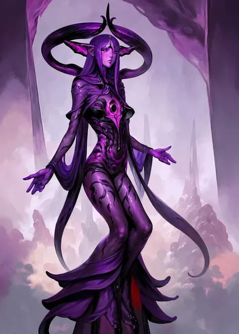 a painting of a demonic creature with a purple background, summoning an dios eldritch, dios eldritch, slaanesh, purple deity of ...