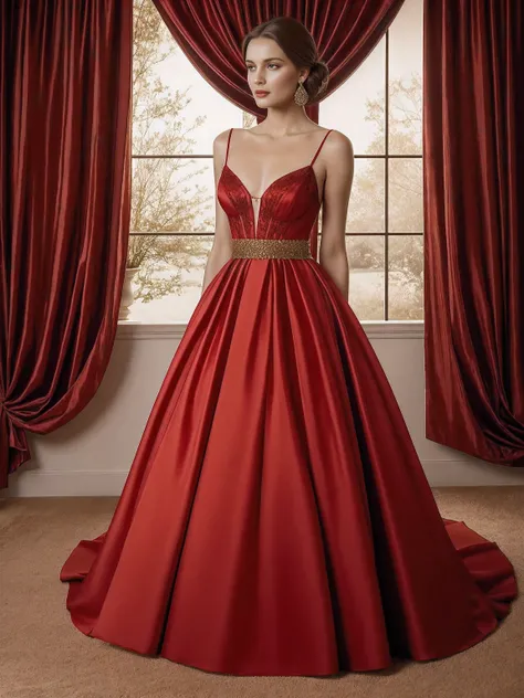 A haute couture dress is bathed in red, a soft and delicate shade that envelops the wearer in a romantic and feminine allure. Meticulously crafted, the dress captures the essence of grace and sophistication, utilizing the gentle gold hue to create a breath...