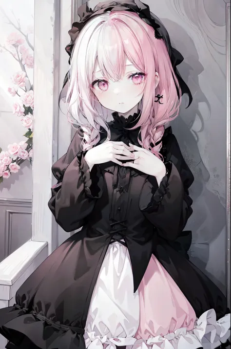 pastel gothic vampire girl, (hlfcol haired girl with black and pale pink hair), ((pale pinkombre hair)), pale pink eyes, pastel ...