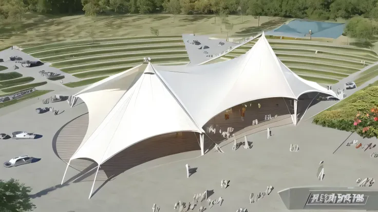 There is a large white tent in the center of the park, Covered outdoor stage, tent architecture, overhead canopy, canopies, rendering, detailed rendering, pavilion, 高度rendering, shadow, umbrellas, umbrella, well shadowd, view, canopy, grand design, concept...