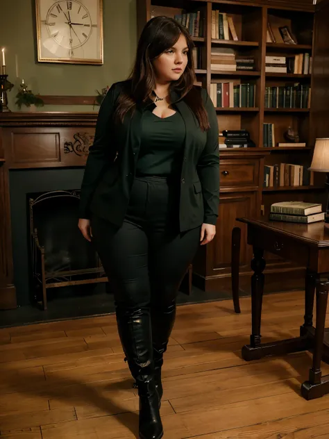 A realistic photo of a chubby girl, tall with curvy, in a fitted dark green blazer over a burgundy blouse, paired with a high-waisted black pants and knee-high boots. The girl could be standing in a library or a vintage classroom, surrounded by books and e...