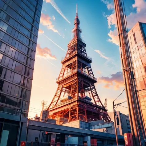 An illustration art of Tokyo Tower during spring, in the morning, clear sky