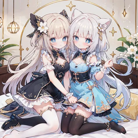 (best quality,8k,high resolution,masterpiece:1.2),super detailed,lifelike,CG wallpaper,Excellent, Beautiful and delicate face, 2 girls, Hug together，cross-shaped pupils, Default attire, Everlasting，Kneel on the bed，blush