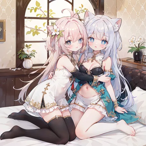 (best quality,8k,high resolution,masterpiece:1.2),super detailed,lifelike,CG wallpaper,Excellent, Beautiful and delicate face, 2 girls, Hug together，cross-shaped pupils, Default attire, Everlasting，Kneel on the bed，blush