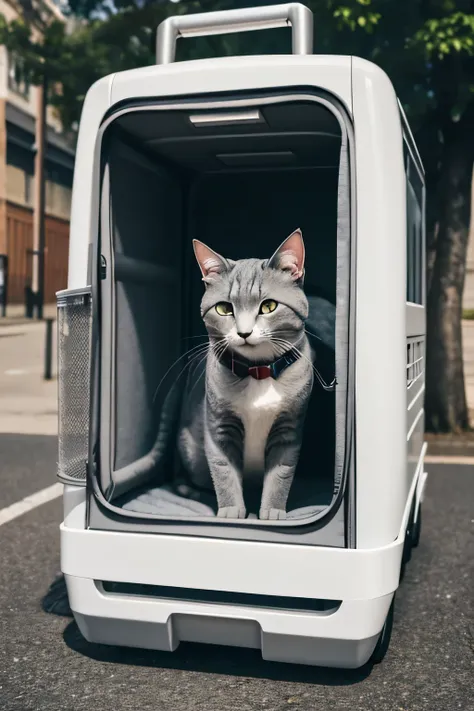 Gray cat in a pet carrier