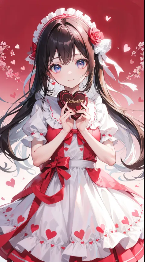 32k, heart background, beautiful girl, beautiful quality eyes, cute smile, cute dress, valentine, holding heart chocolate, 