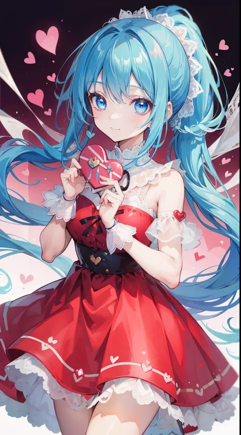 32k, heart background, beautiful girl, beautiful quality eyes, cute smile, cute dress, valentine, holding heart chocolate, blue hair, blue eyes, ponytail, 