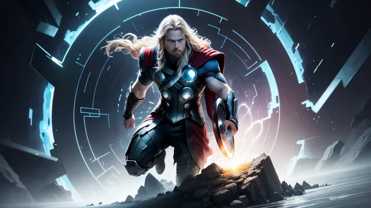 Thor as he reaches through the portal, grasping a fragment of the time stream. Visions of alternate realities flicker before his eyes, hinting at the perilous consequences of altering history.