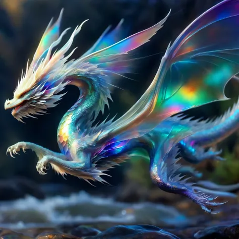 echmrdrgn western dragon, it's full body is iridescent splendour, semi-transparent and glowing opalescence, razor sharp talons a...