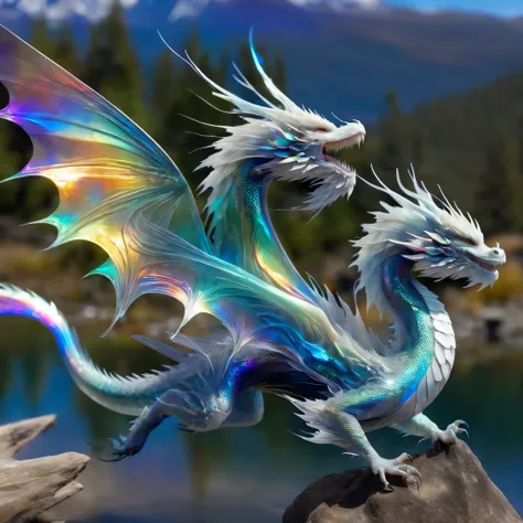 echmrdrgn western dragon, it's full body is iridescent splendour, semi-transparent and glowing opalescence, razor sharp talons a...