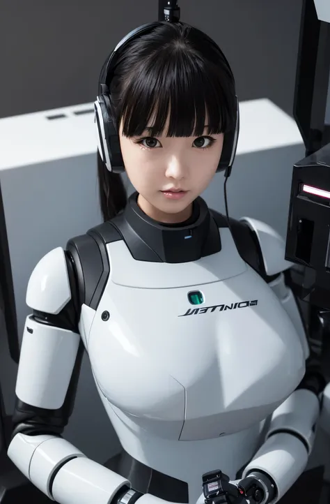 masterpiece, best quality, extremely detailed,  Japaese Cyborg girl,Plump , control panels,android,Droid,Mechanical Hand, Robot arms and legs, Black Robot Parts,Black hair,Mechanical body,Blunt bangs,White robotics parts,perfect robot girl,long tube,thick ...