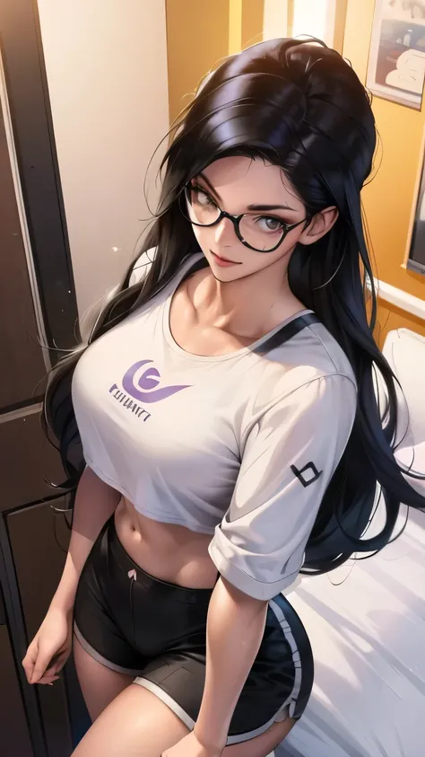 Picture from above. Curvy female fortnite skin with a light tan and long black hair. She has freckles on her cheecks and glasses. She wears a white crop top and black gym shorts. The backround is her bedroom. 