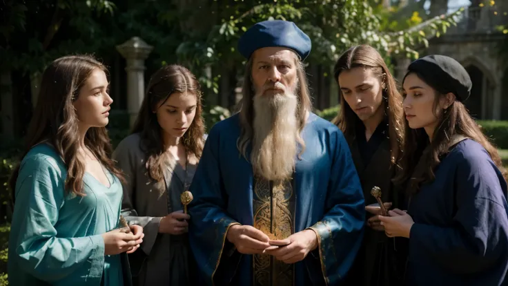 "best quality, 4k, 8k, highres, masterpiece:1.2, ultra-detailed, realistic:1.37 merlin the magician with a long white beard, intense blue eyes, and a pointed hat, surrounded by multiple young apprentices wearing colorful robes, all with focused expressions...