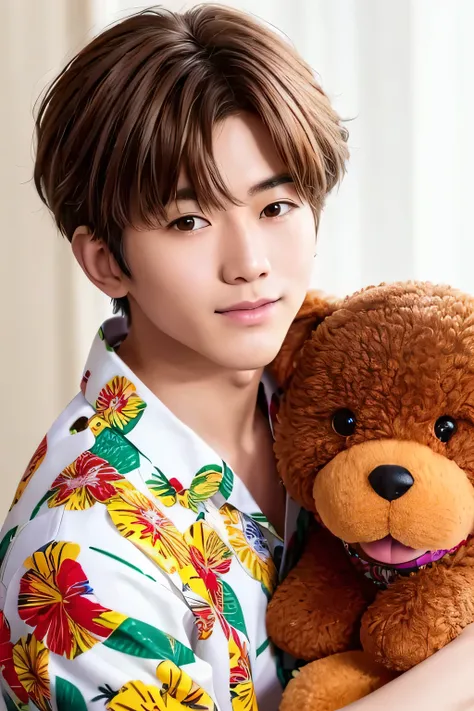 1 person、high quality，masterpiece，8K, (head shot),、、、、、、(Aloha shirts)、、(put a stuffed dog on your shoulder)、、、(brown messy hairstyle)