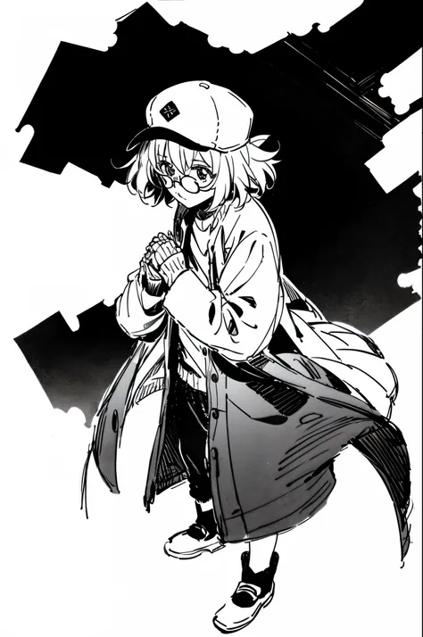 Mirai Kuriyama wearing a coat and a cap hiding her face with her hands, ((empty background)), winter, VHS, vintage, red glasses, manga style, white background, ((monochrome)), far away shot, (sketch), long sleeves, 1girl, looking up, casual clothes, full b...