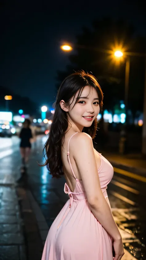 (evening pink dress, deep slit, large breasts, cleavage,:1.1), 1girl,solo,long hair,Rough skin,from back,face focus,(looking at viewer:1.2),wet hair,dark,polaroid,(depth_of_field:1.5),rainy days,outdoors,street,hair between eyes,moody lighting,Tyndall effe...