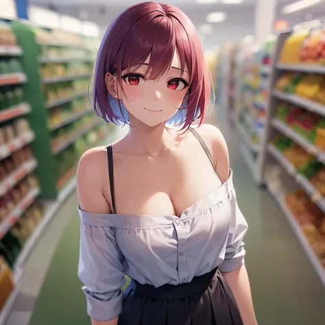 high angle、Realistic, real person, RAW photo, photorealistic, portrait photography, shiny skin, japanese idol, 25 year old woman、(bob cut hair) and (wine red hair) and (wine red eyes), wearing a white off-shoulder blouse、wearing a gray skirt、cleavage is vi...