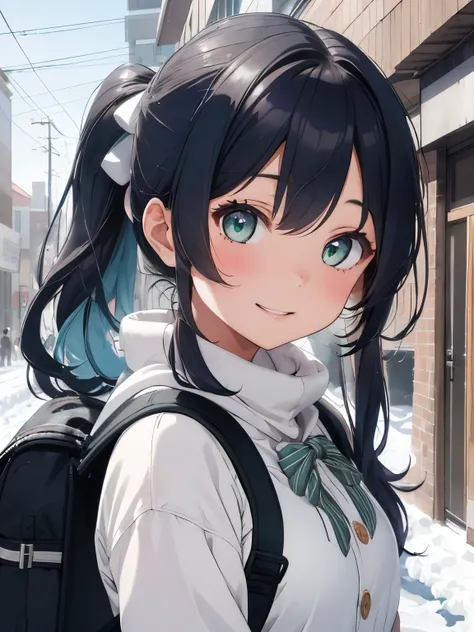 Soft and gentle pattern。anime illustration。((Her hair is light blue and has curls.)),(side ponytail),((Big striped ribbon hair clip at the knot)),(The hair in the ponytail is permed and fluffy.),BREAK ((Girl with green eyes)),her face is cute、Confident smi...