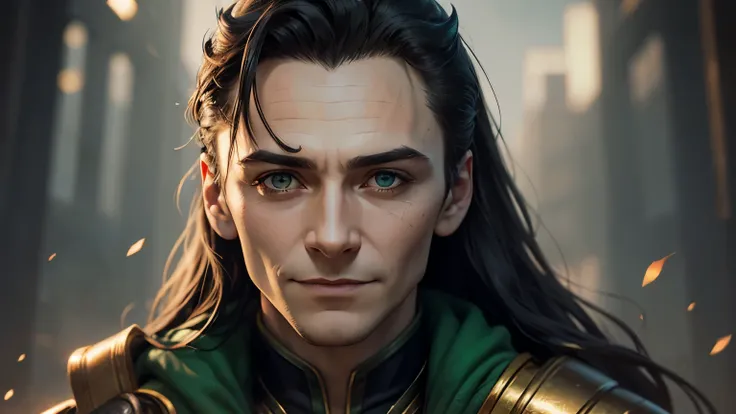 a close-up of Lokis face with a fixed look and a slight smile