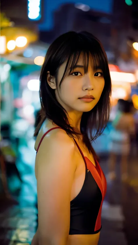 1girl,solo,Rough skin,from back,face focus,(looking at viewer:1.2),wet hair,dark,polaroid,(depth_of_field:1.5),rainy days,outdoors,street,hair between eyes,moody lighting,Tyndall effect,Cinematic Lighting,night,lamppost,lens flare,available light,rim light...