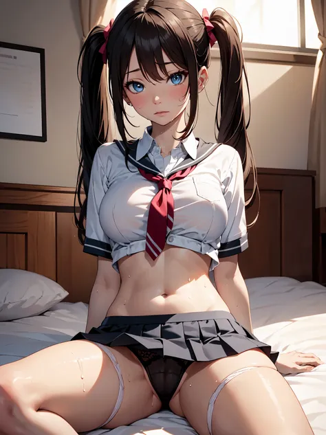 masterpiece, highest quality, realistic, photorealistic, great lighting, super detailed, dynamic angle, perfect face, (bright lighting:1.2),beautiful and fine eyes, highly detailed face, perfect lighting,on the bed、1 girl, high school uniform, pleated skir...