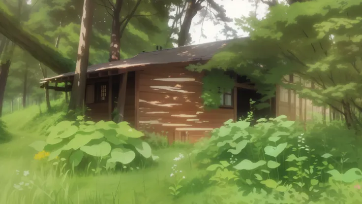 a wooden house, amidst of nature fully covered, anime style art, High quality, 8k, ultra detailed art, 2d art