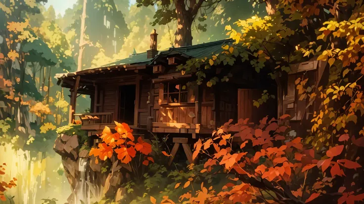 a wooden house, amidst of nature fully covered, anime style art, High quality, 8k, ultra detailed art, 2d art