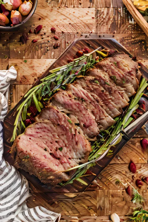 a close up of a roasting pan with meat and vegetables, “ iron bark, sunday, holiday season, meatloaf, full body in shot, easy, “...