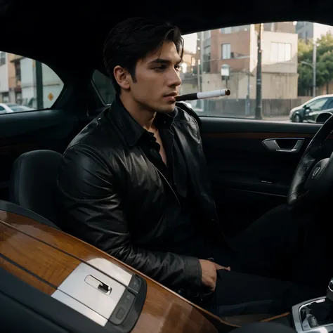 Black car with handsome boy with cigarette 