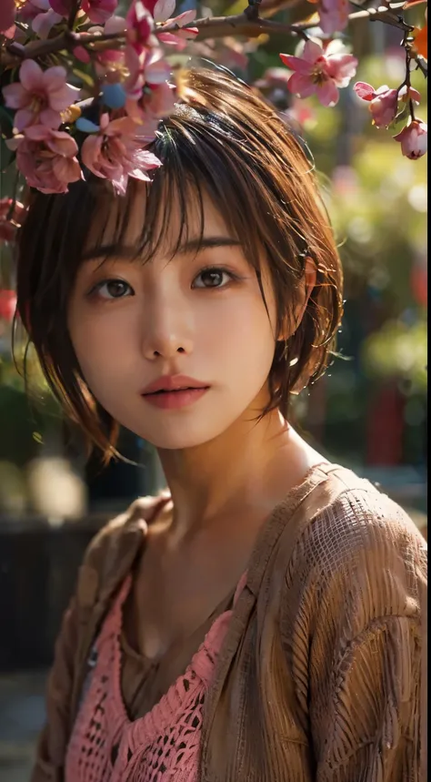 Medium Shot Shot, A beautiful japanese woman looks at the camera, under the cherry tree, Sunset, brown hair, short hair, pink knit camisole, sexy pose, SIGMA 85 mm F/1.4, masterpeace, low contrast, extremely detailed skin, extremely detailed lip, best qual...