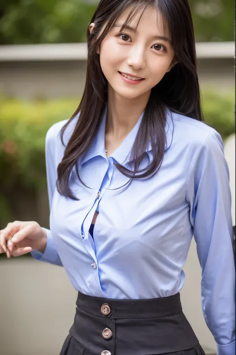 A skinny Japanese lady, 30 years old, Bright eyes, detailed eyes, cute face, smile, detailed face, (pencil skirt, button-up shirt), small breasts, very thin waist, alone in a photo