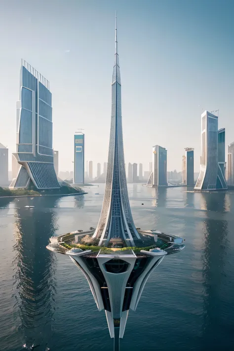 Genere una imagen cautivadora de una torre suspendida futurista en el cielo., caracterizado por su estructura blanca metalizada. Imagine this tower as part of a larger landscape with floating islands spreading out around it.. Rodea la escena con numerosos ...