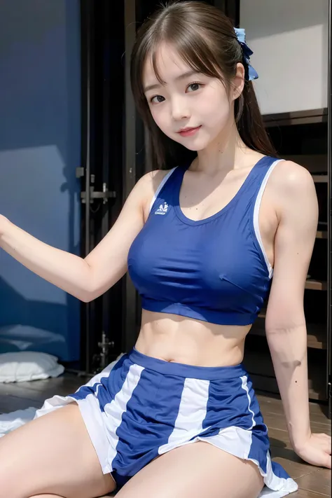 (8x_NMKD-Superscale_150000_G),(8K, Super high quality,highest quality),(masterpiece:1.5),Arafed image of a young girl in a blue dress, wear a Tank top and skirt, blue Tank top, Tank top, navy leotard costume, tight fitted Tank top, tennis wear, cute girl w...