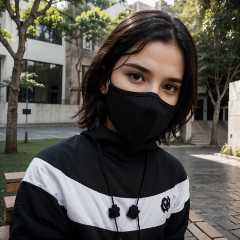 Portrait of young man (white skin), Young Brazilian student style appearance, with mask (black mouth mask), wavy hair, wearing a black sweatshirt, with white necklace (gothic symbol), in a square floor with a bench of trees in the background (simple Brazil...