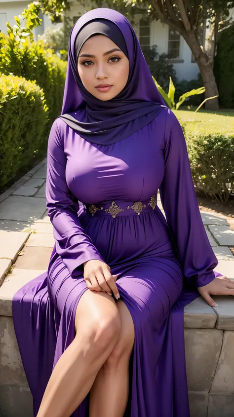 RAW, Best quality, high resolution, masterpiece: 1.3), beautiful Malay woman in hijab, Masterpiece, perfect fit body, big breasts,, beautiful big eyes, Soft smile, muslim ,close up, woman in a purple dress is sitting in a yard, modest flowing gown, purple ...