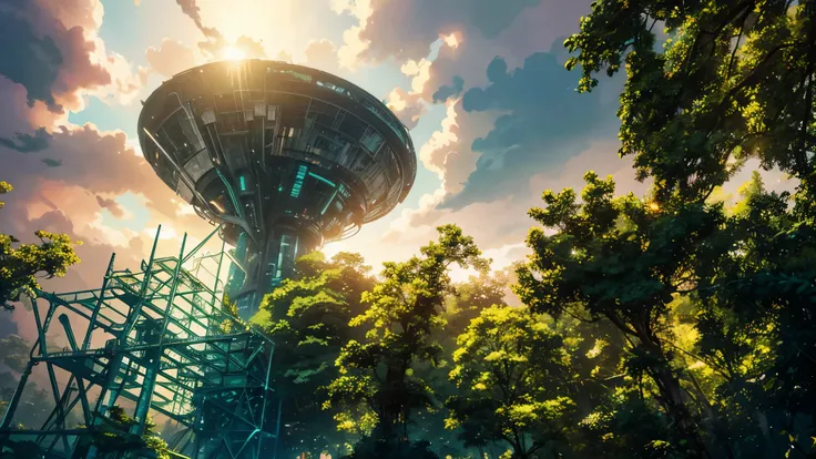 a very big futuristic building standing in the forest, (neon lights in the building), amidst of nature fully covered, dense with greenery, anime style art, High quality, 8k, ultra detailed art, 2d art