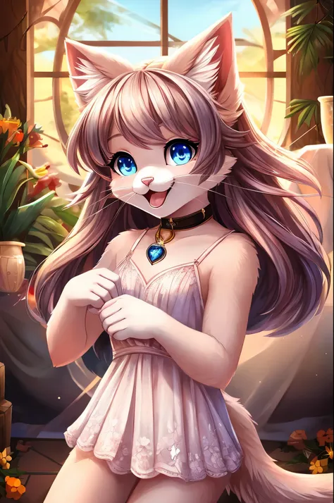 a charming white catgirl with soft, twinkling blue eyes and small pink nose is captured in this heartwarming scene. her long, fl...