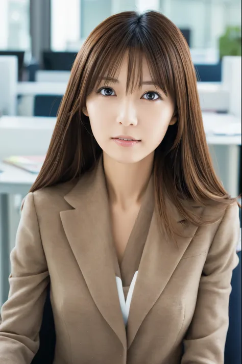 masterpiece, disorganized, small details, HDR, highly detailed face and eyes, Photoreal, full body photo of a skinny Japanese woman, blurred background, Head office photo