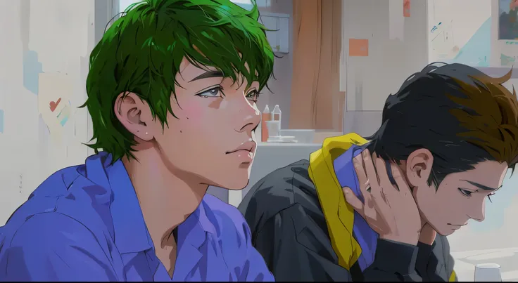 There are two men sitting at a table with a cell phone, hecho con estudio de pintor anime, pintado en estudio de pintor anime, realistic anime art style, estilo anime semi-realista, estilo anime 2d, en estilo anime, en un estilo anime, estilo de realismo a...