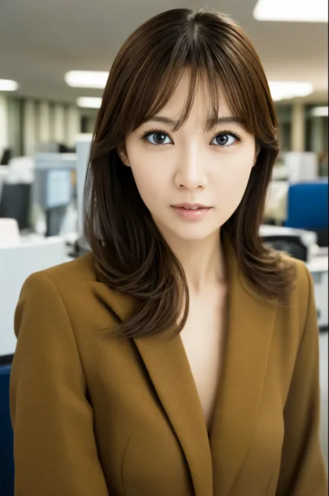 masterpiece, disorganized, small details, HDR, highly detailed face and eyes, Photoreal, full body photo of a skinny Japanese woman, blurred background, Head office photo