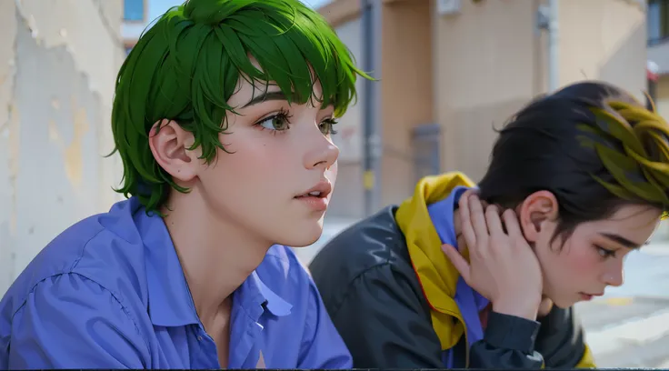 There are two young people sitting next to each other on a bench, They are both 15 years old and in high school., tienen cabello color verde ojos verdes , esta mirando preocupado a alguien que se acerca