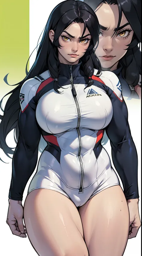 1 girl, black hair, yellow eyes, very long hair, pale skin, ((((extremely muscular)))), large breasts, (confident expression), pilot suit, close up